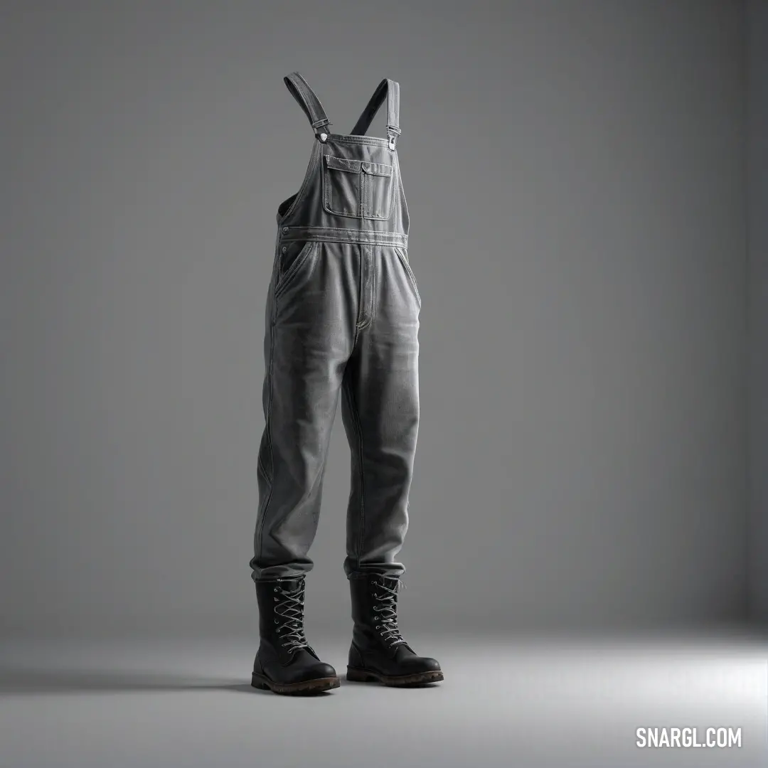 A relaxed man in denim overalls stands confidently against a gray backdrop, exuding an aura of rugged charm and authenticity, perfectly capturing a moment of casual expression in a cozy studio setting.