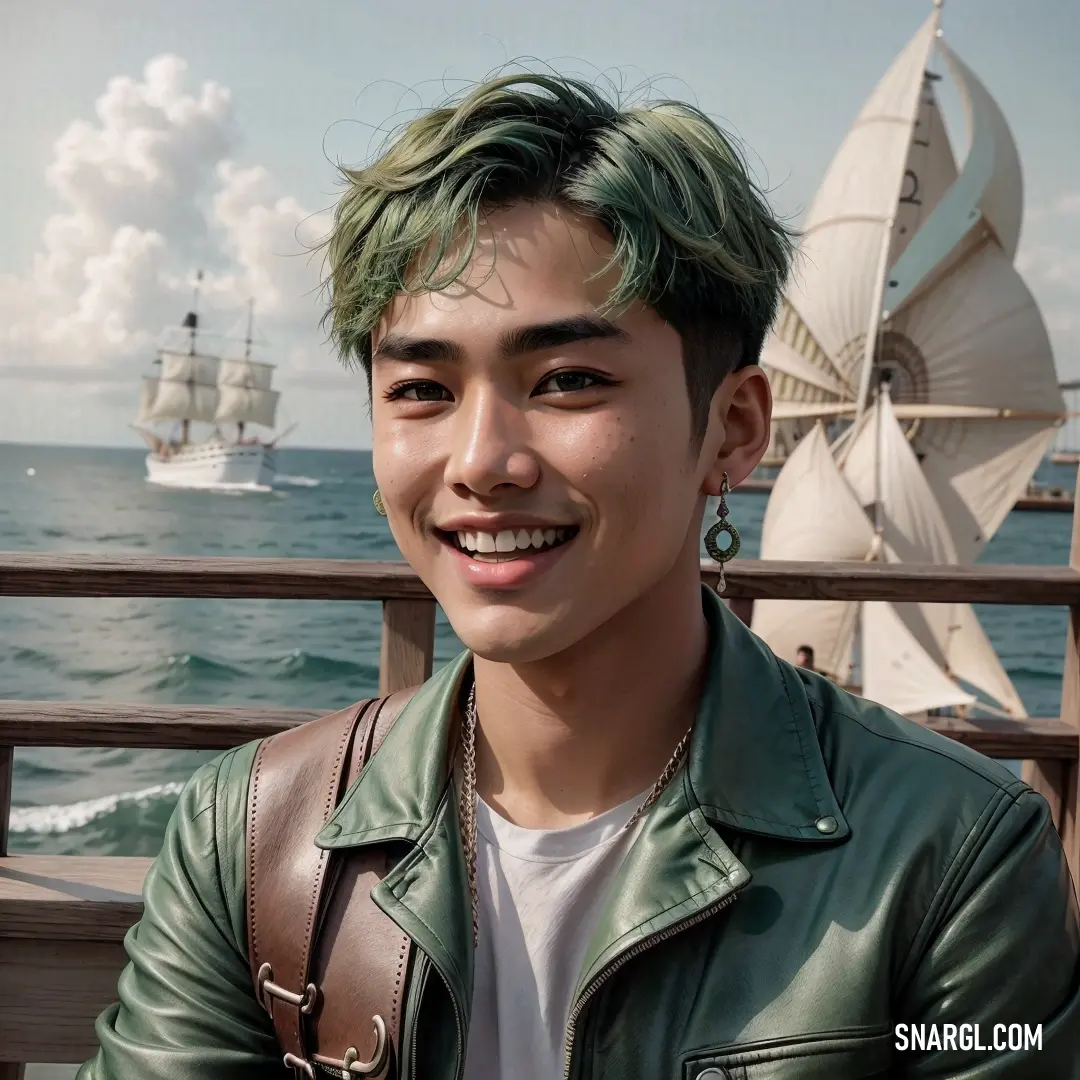 Man with green hair and a green jacket on a pier near the ocean and a ship in the background. Color RGB 108,138,120.