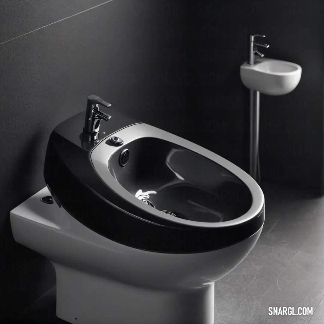 A minimalist black and white bathroom showcases a classic pedestal sink alongside a sleek toilet. The monochrome palette is accented by the soothing color #6C8A78, enhancing the tranquil ambiance.