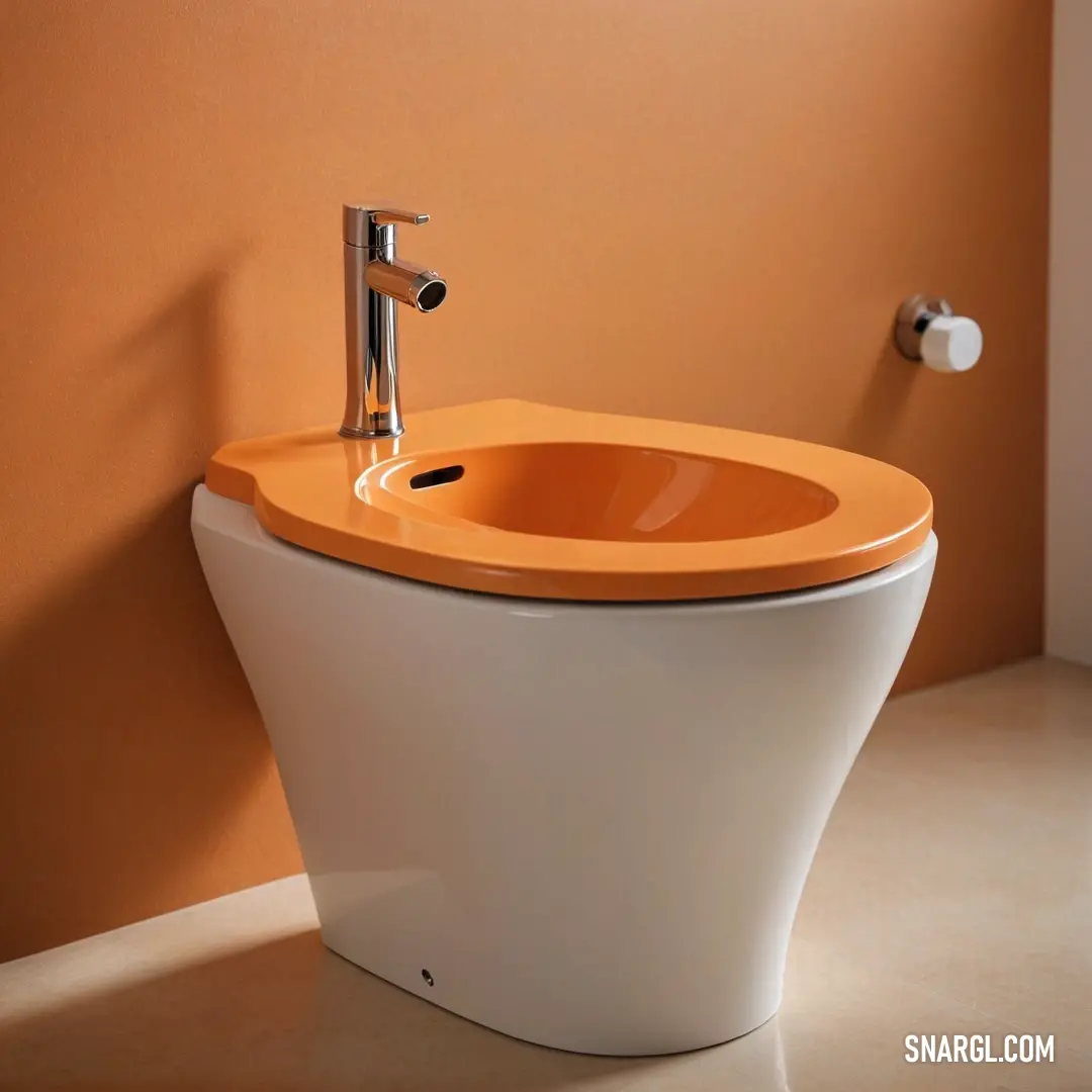 This inviting bathroom showcases a toilet alongside a sleek sink, with a stylish faucet, all set against warm orange walls. A classic white floor completes the scene, enriched with the soft tones of PANTONE 5555, creating a calming environment for both re