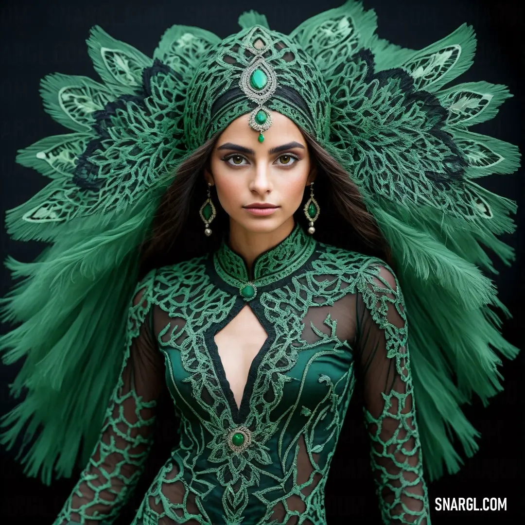 Woman in a green costume with feathers on her head and a green headpiece on her head and a black background. Example of CMYK 51,12,39,37 color.