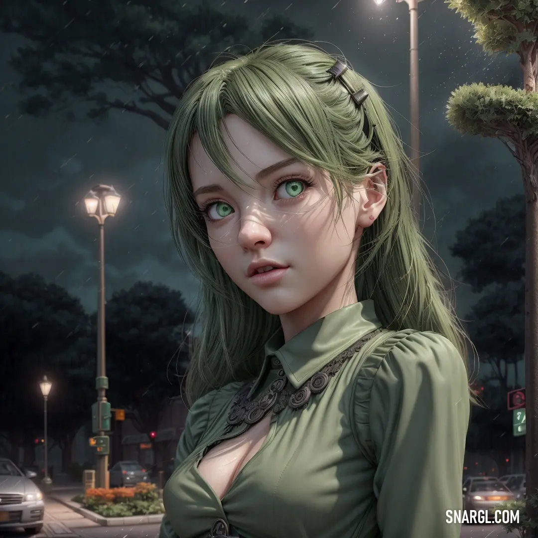 Woman with green hair and a green shirt on a street at night with a street light in the background. Color RGB 108,138,120.