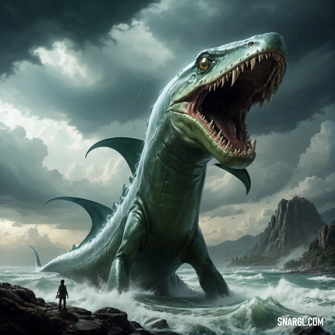 Dinosaur with its mouth open standing in the water with a man standing on the rocks in front of it. Example of #79A78D color.