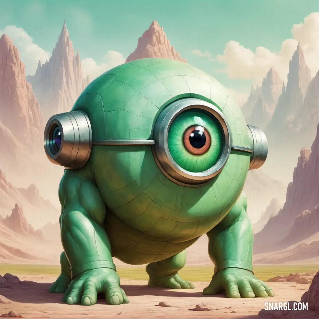 Green creature with a large eyeball on its face and a pair of glasses on its head. Color #79A78D.