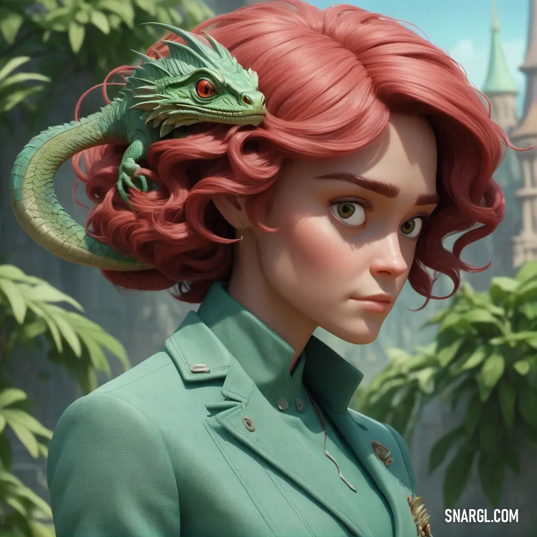 PANTONE 556 color example: Woman with red hair and a green dragon on her head, in a green dress
