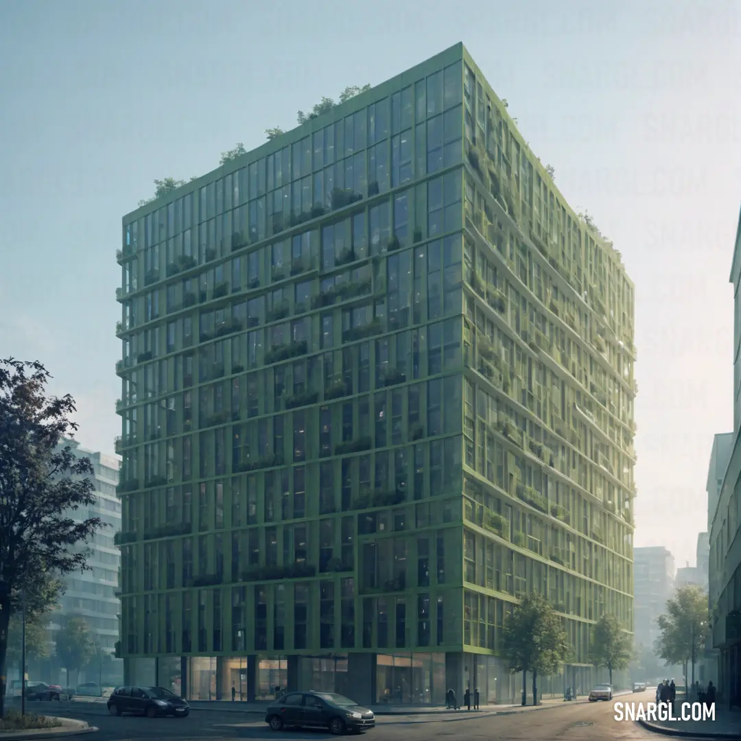 Large green building with a lot of windows on it's side in a city street with cars parked on the side of the street