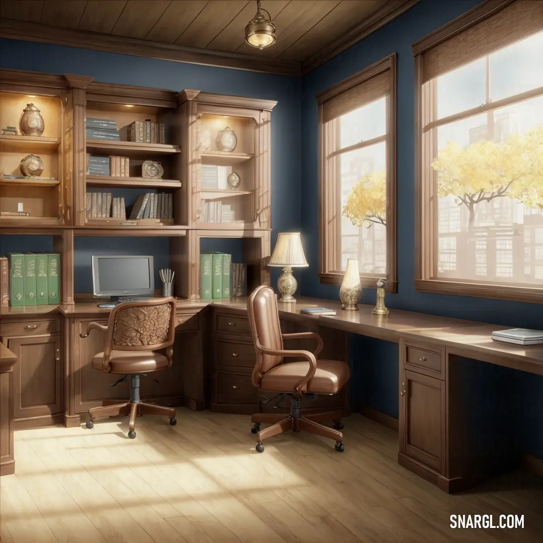 PANTONE 5565 color example: Room with a desk, chair and bookcases with a window and a lamp on it
