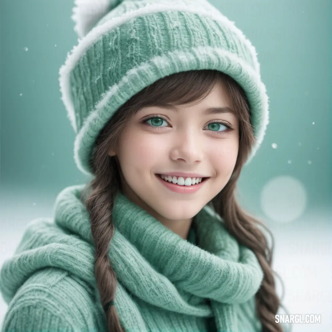 Girl with a green hat and scarf smiling at the camera with a green background. Example of PANTONE 557 color.