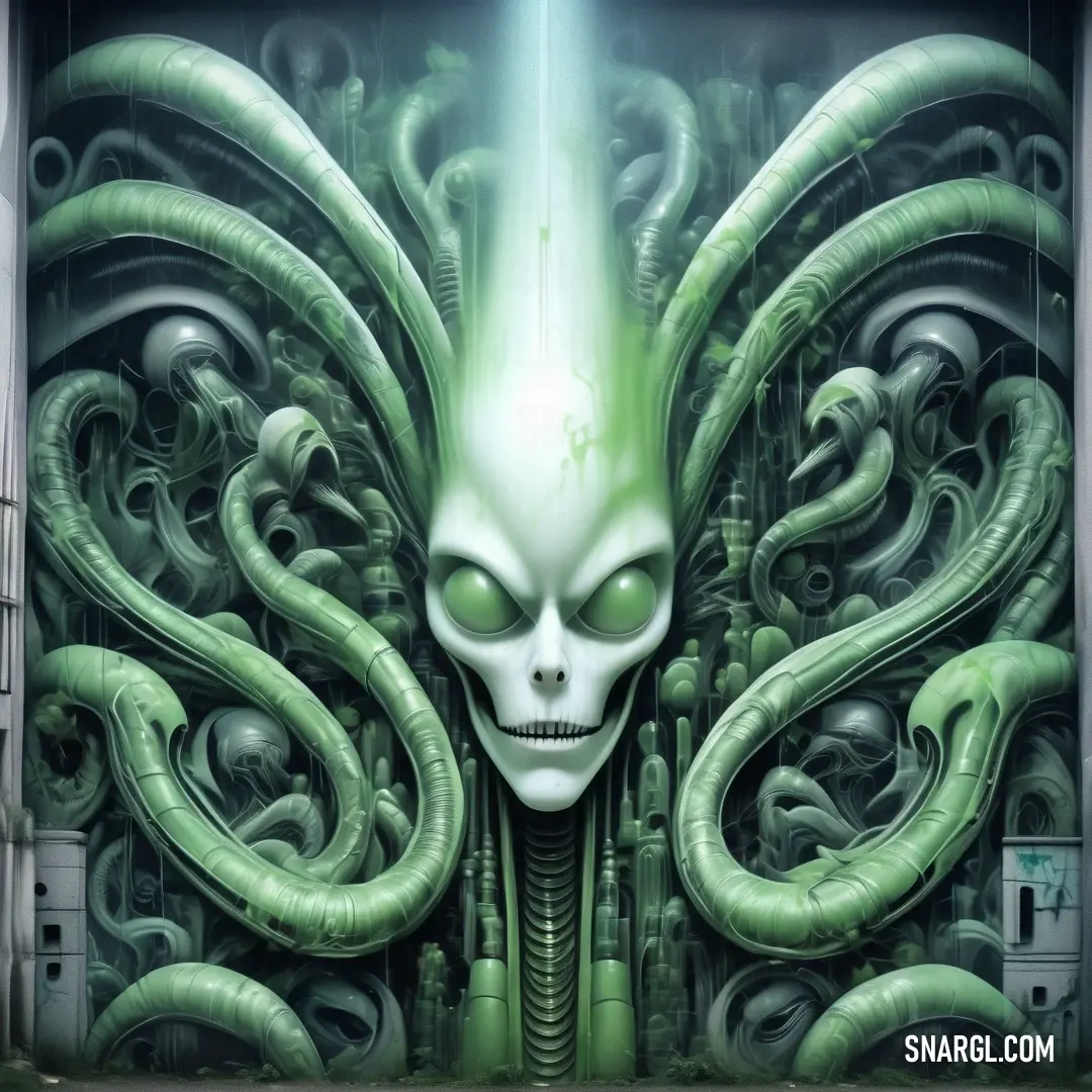 PANTONE 557 color. Painting of a green alien with a skull face and tentacles surrounding it