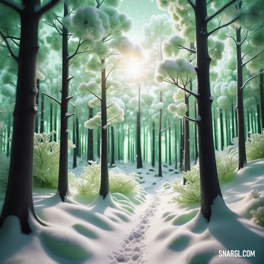Painting of a snowy forest with a path leading to the sun in the distance and snow on the ground. Example of CMYK 44,4,37,10 color.