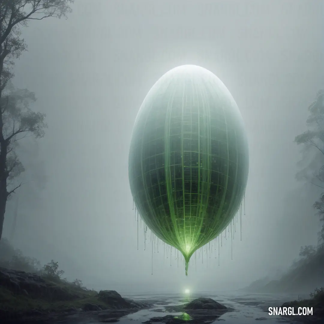 Large green balloon floating in the air over a river in a foggy forest with trees and rocks. Example of PANTONE 5585 color.