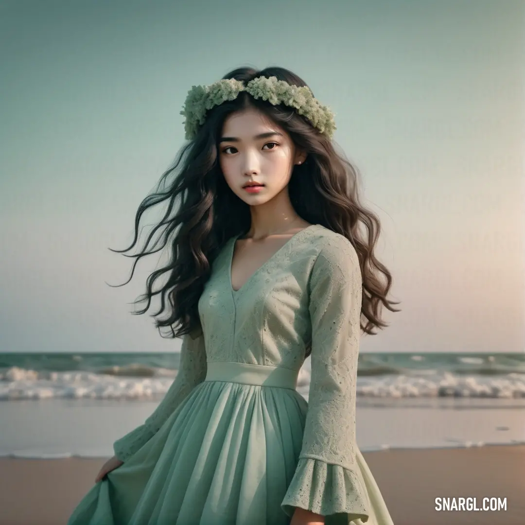 PANTONE 5585 color. Woman in a dress standing on a beach near the ocean with a flower crown on her head and a green dress