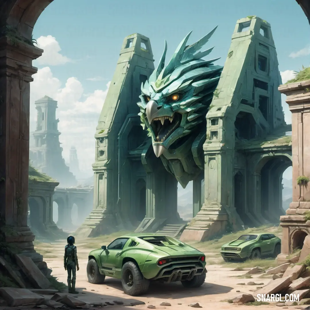 #B2CEC0 color example: Green car parked in front of a giant monster like structure with a man standing next to it in a desert