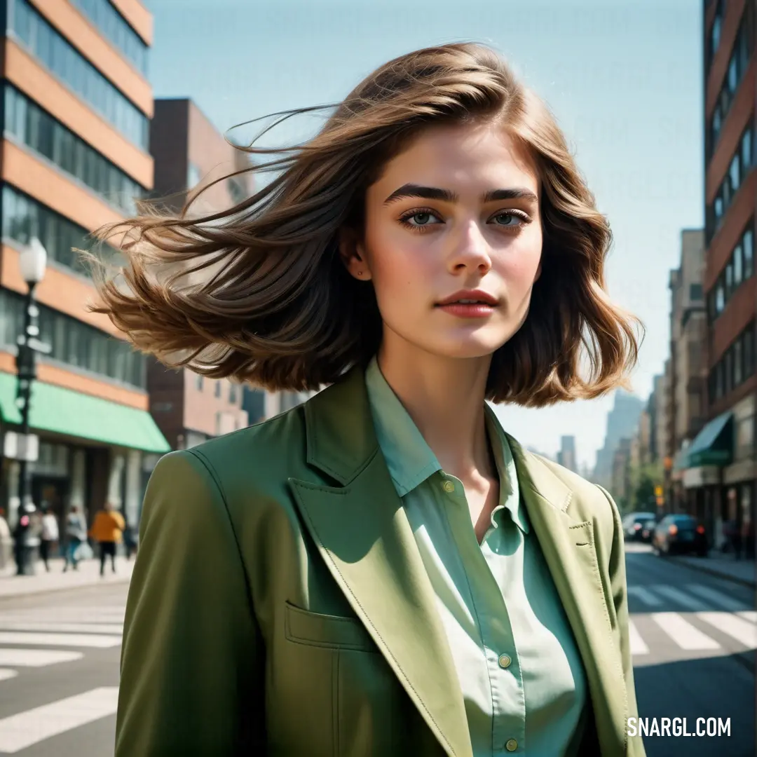 Woman with a green jacket and a green shirt on a city street with buildings in the background and a woman