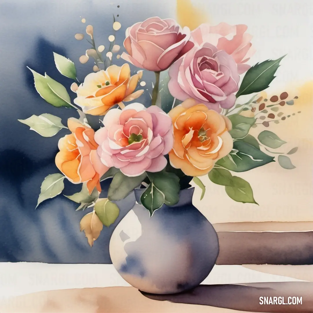 Painting of a vase with flowers in it on a table top with a blue background. Example of PANTONE 5595 color.