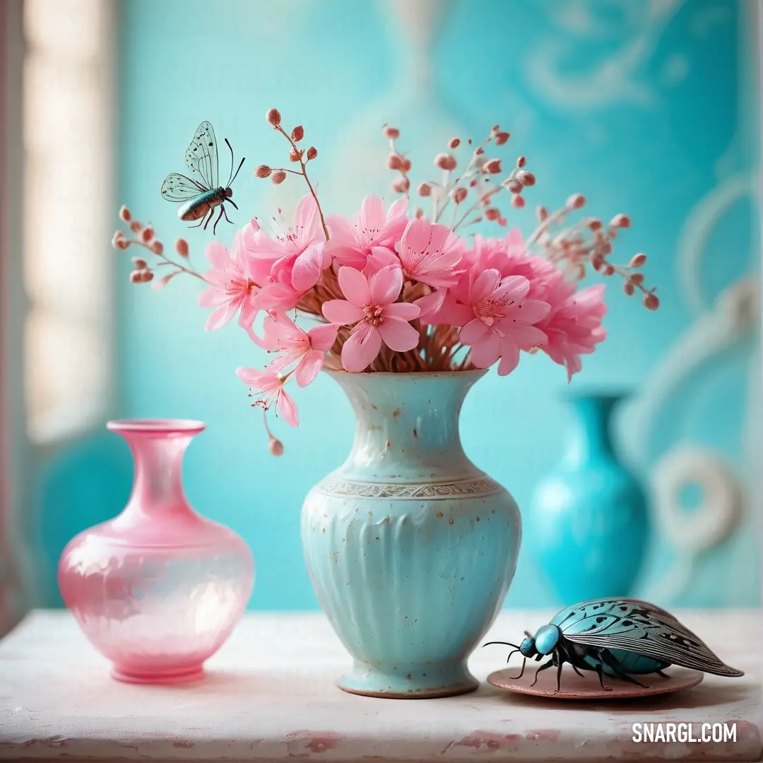 Vase with pink flowers and a bug on a table next to it and a blue wall behind it. Example of RGB 201,213,200 color.