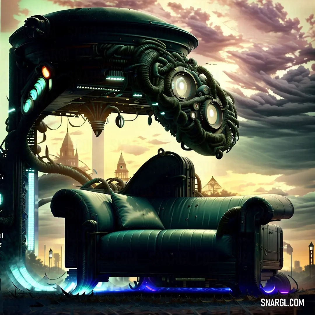 Couch with a giant head on it in front of a city skyline with a giant clock tower in the background. Color #2A4538.