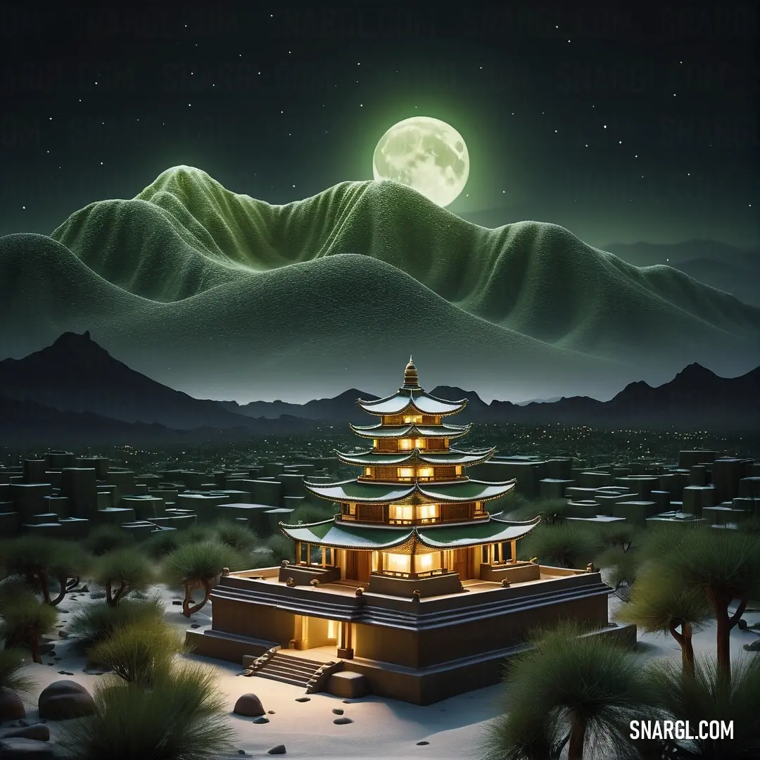 Painting of a pagoda in the middle of a desert with a full moon in the background. Example of CMYK 79,30,63,80 color.