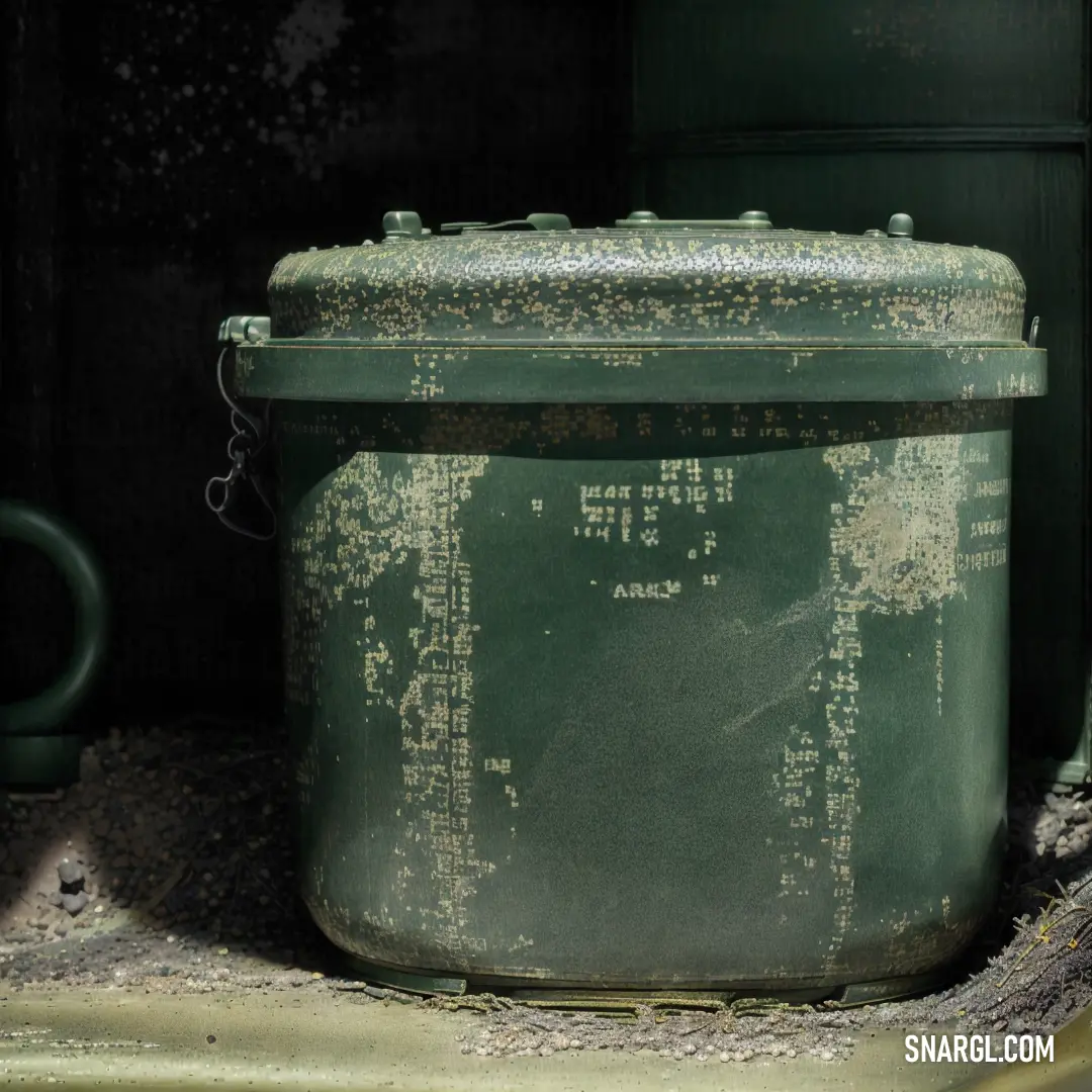 Green container on top of a cement floor next to a green wall and a green door with a handle. Example of #2A4538 color.