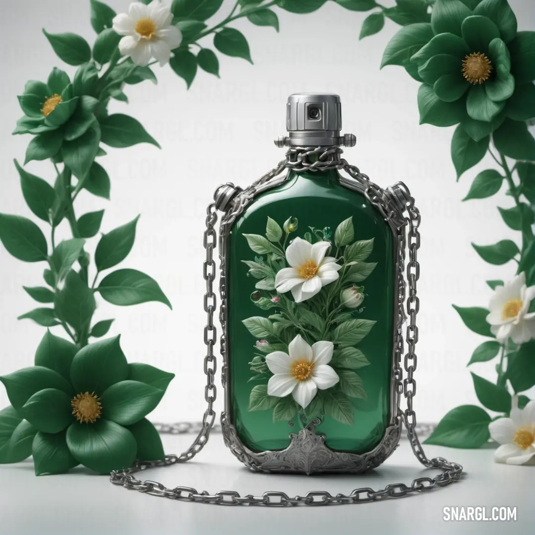 Bottle with a picture of flowers on it on a chain with flowers around it and a chain around it. Color #26392D.