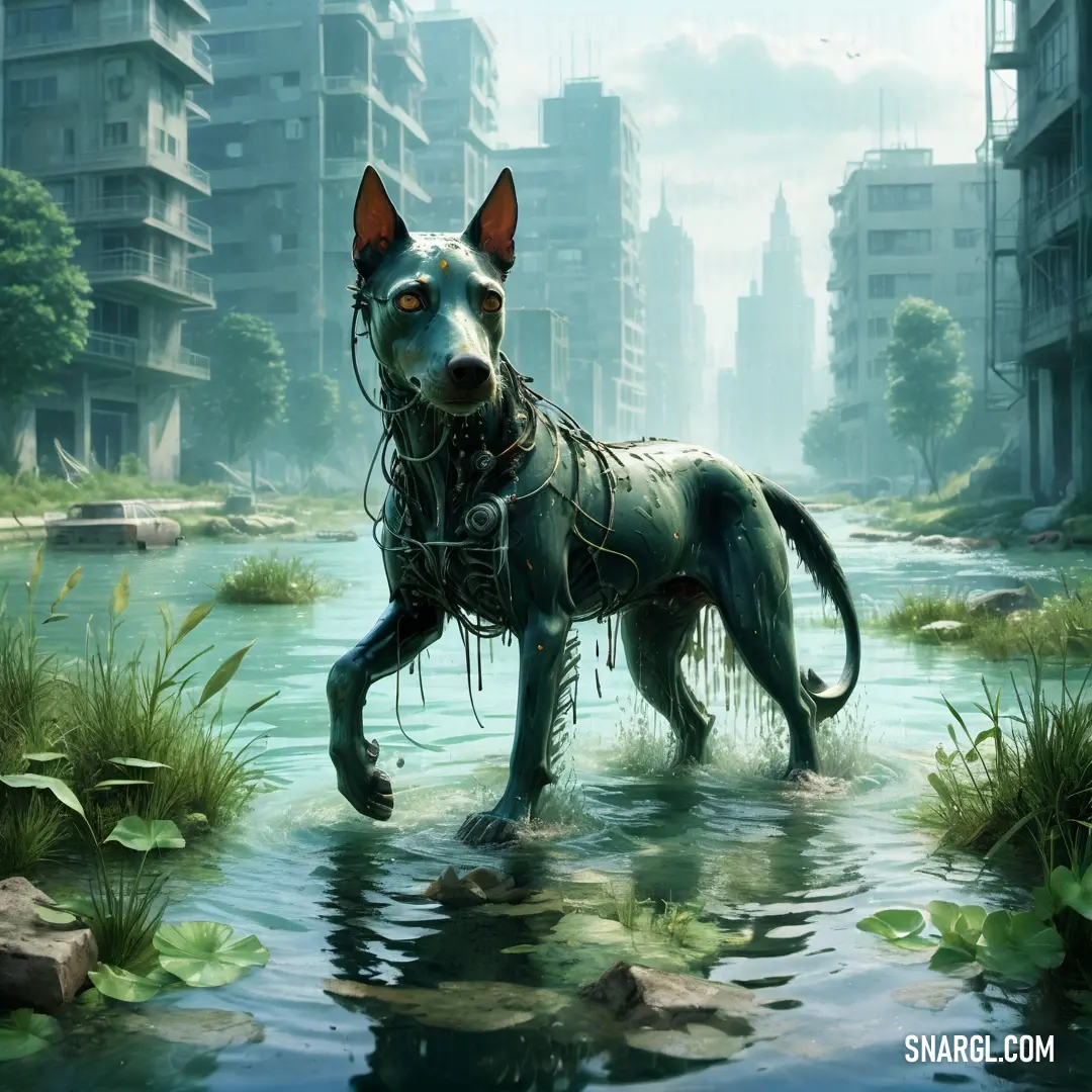 Dog with a harness on walking through a river in a city with tall buildings and tall grass in the background. Color #26392D.