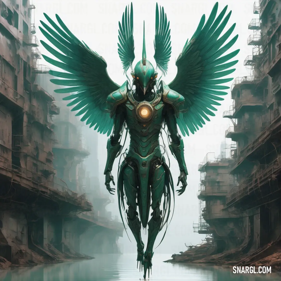 Futuristic alien with wings and a halo in the middle of a city street with buildings and a river. Example of CMYK 82,36,83,90 color.