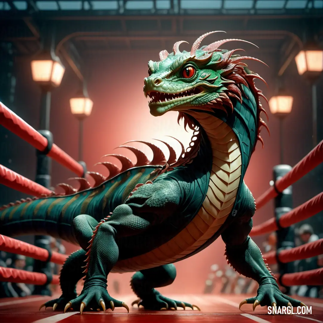 Green dragon statue in a ring of red ropes and lights in the background. Color CMYK 84,20,58,54.