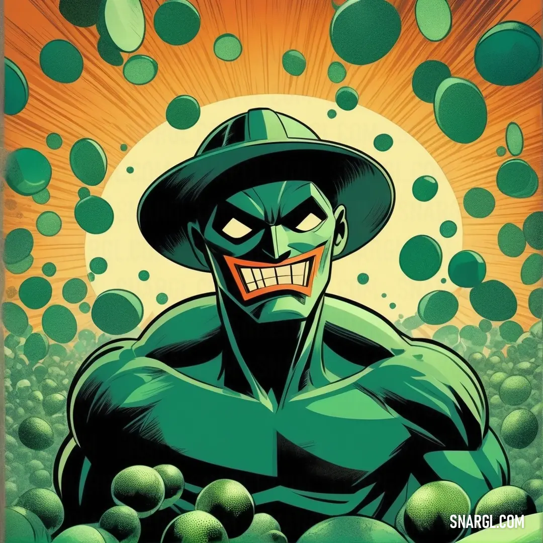 Green man with a hat and green eyes and a green suit and a green hat and green balloons. Color #236151.