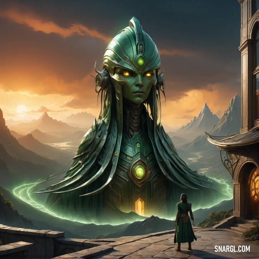 Woman standing in front of a giant green creature in a mountain landscape with a building in the background. Example of RGB 35,97,81 color.