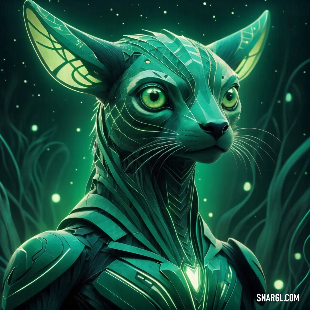 Green cat with a green light on its face and a green background. Color CMYK 85,12,53,36.