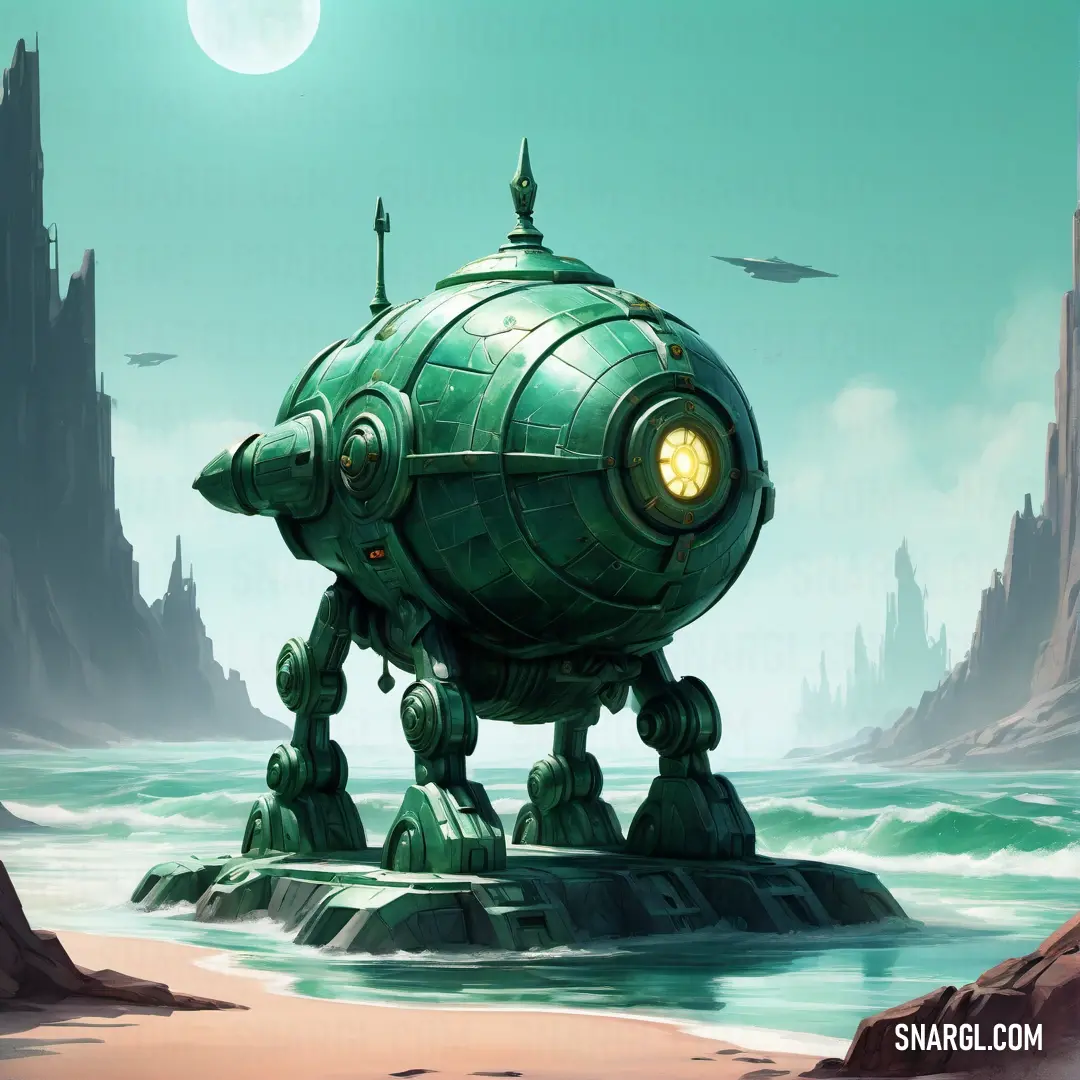Green robot standing on top of a rock near the ocean with a moon in the background. Example of RGB 22,117,101 color.