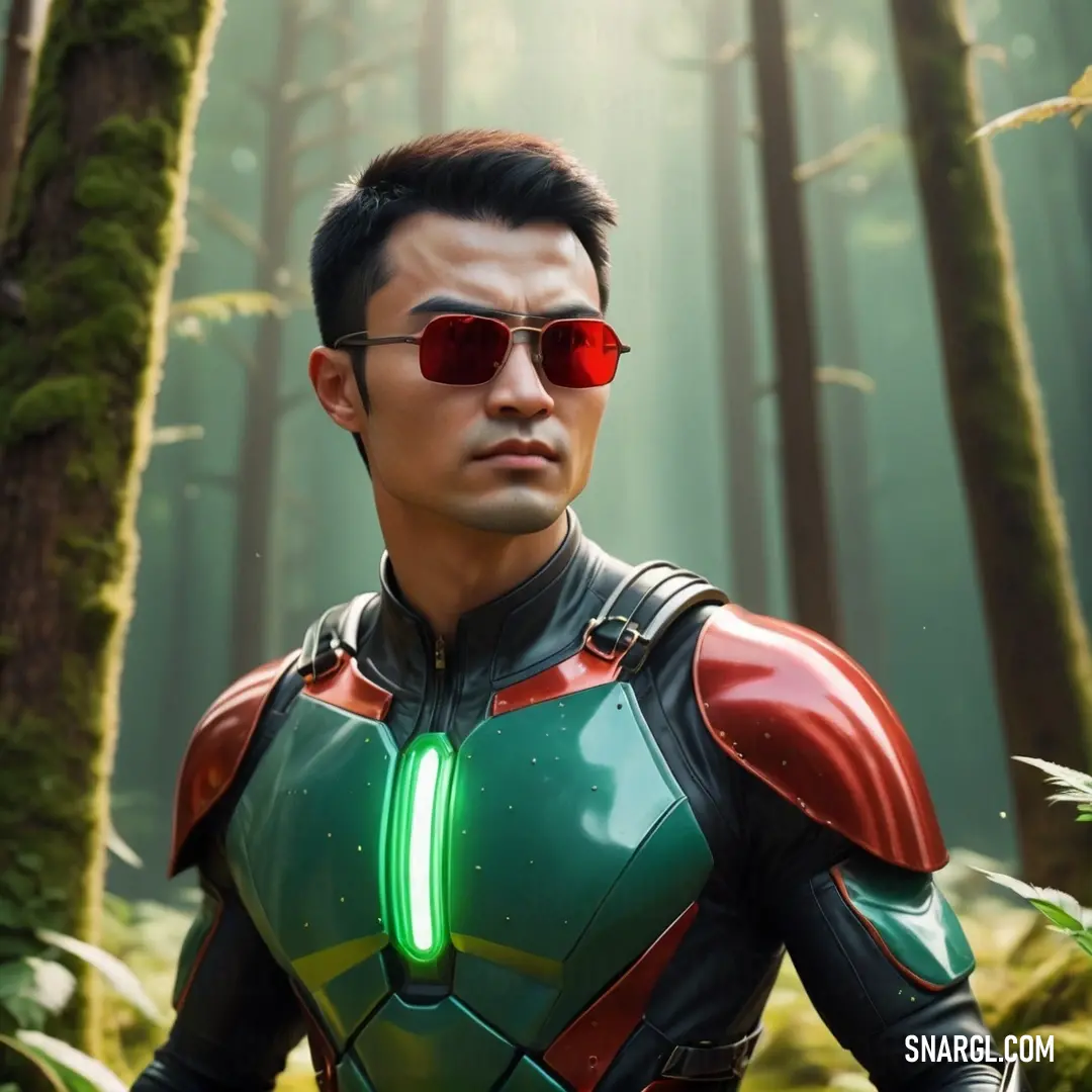Man in a suit and sunglasses standing in the woods with a green light on his chest and red glasses. Color RGB 22,117,101.