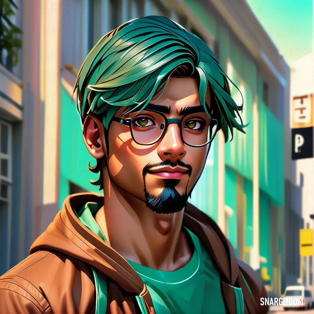 Man with green hair and glasses on a city street corner in a digital painting style. Color #167565.