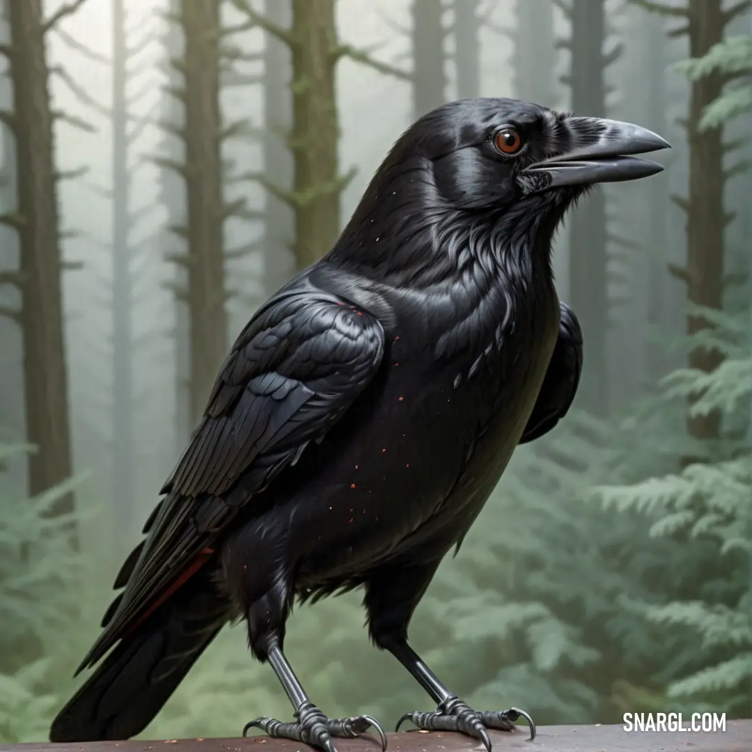 Black bird on a wooden ledge in a forest with trees in the background. Example of RGB 120,138,122 color.