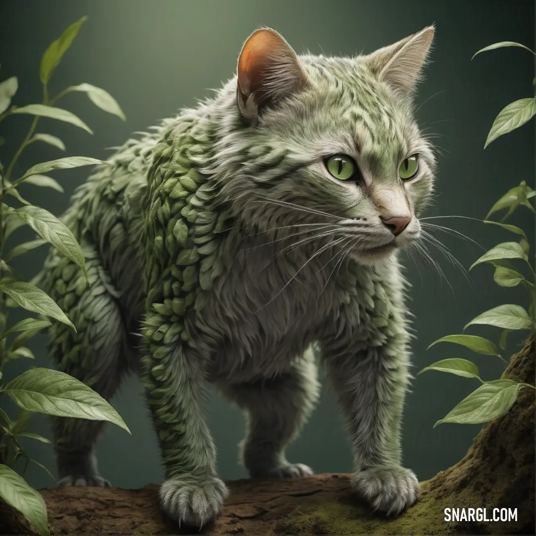 Cat with green eyes standing on a branch in a forest with leaves and branches around it. Color PANTONE 5625.