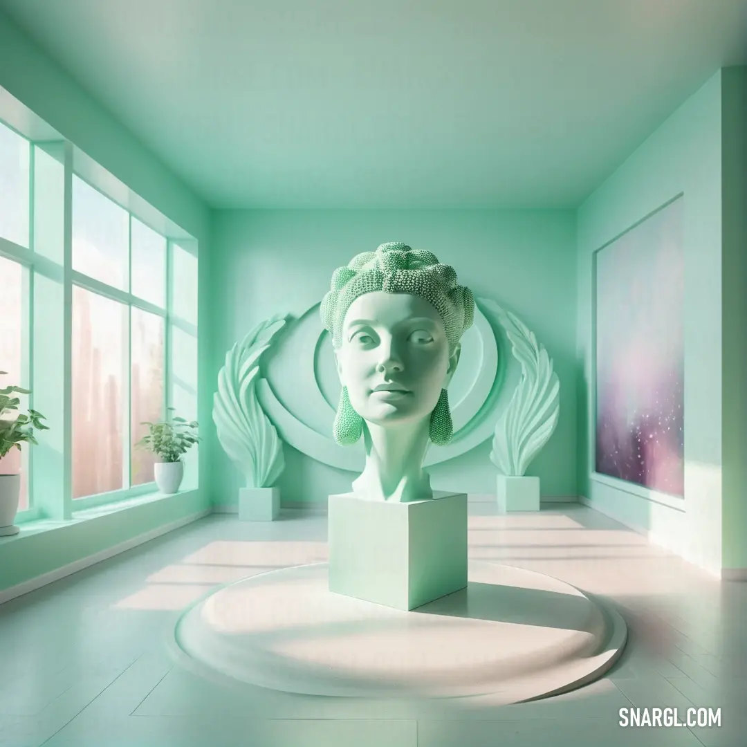Green room with a statue of a woman's head in a box in the center of the room. Color RGB 121,187,171.