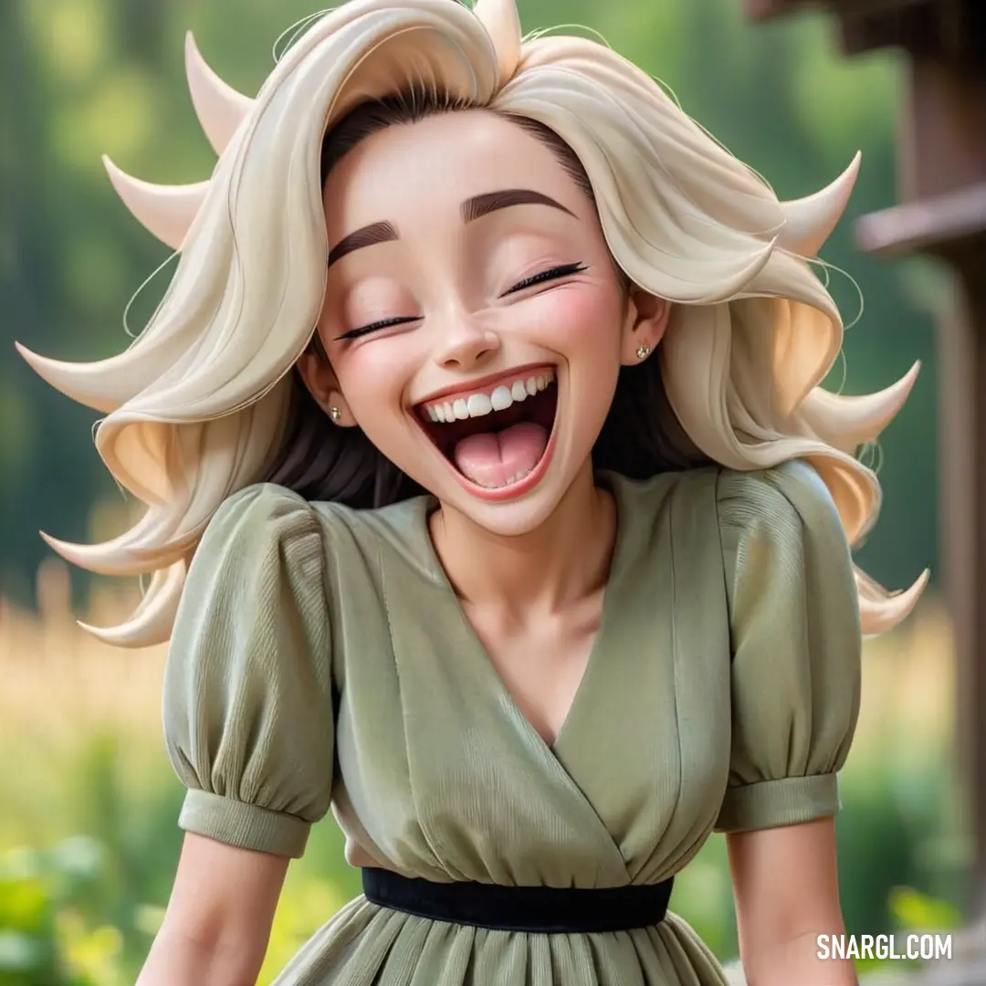 Cartoon girl with blonde hair laughing and wearing a green dress