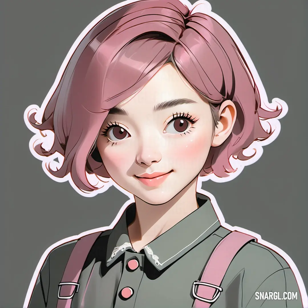 Cartoon girl with pink hair and a backpack on her shoulder, with a grey background. Example of PANTONE 5635 color.