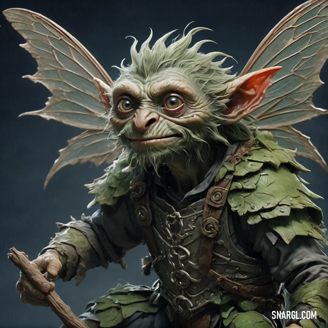 Statue of a troll with wings and a green outfit on a dark background. Example of CMYK 34,10,33,20 color.