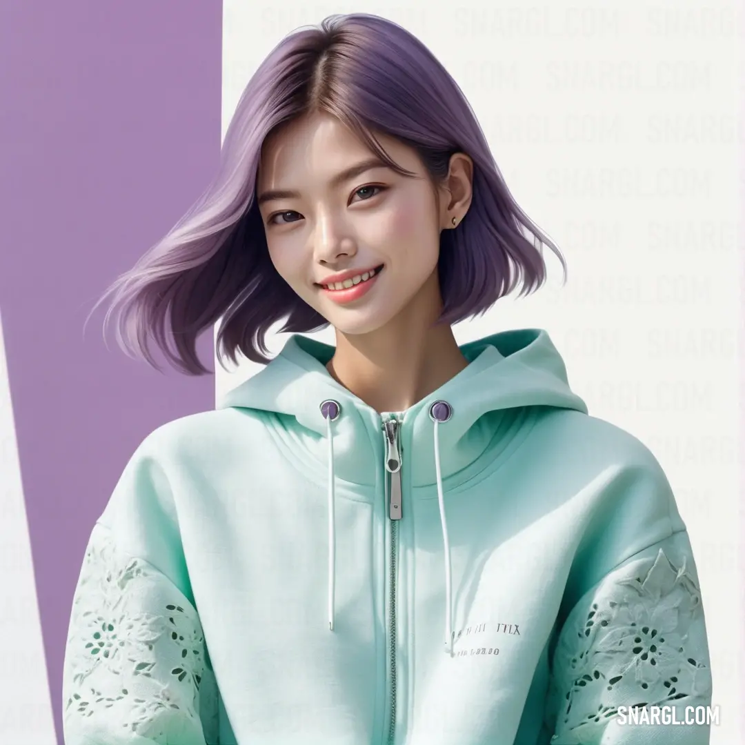 Woman with purple hair and a green hoodie is smiling at the camera while standing in front of a purple wall. Example of CMYK 43,0,23,0 color.