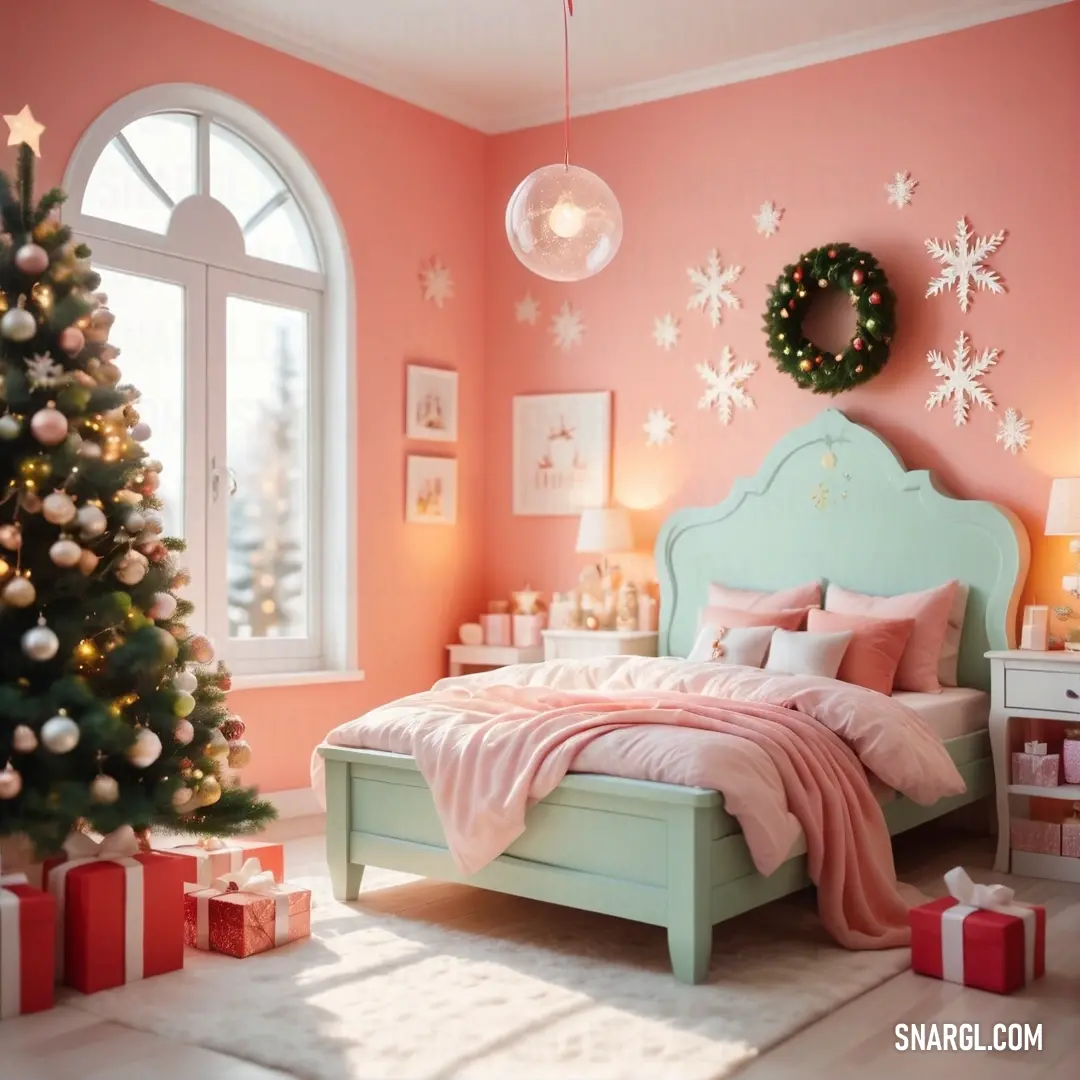 Bedroom decorated for christmas with a tree and presents on the floor and a bed with a pink blanket. Example of RGB 171,187,174 color.