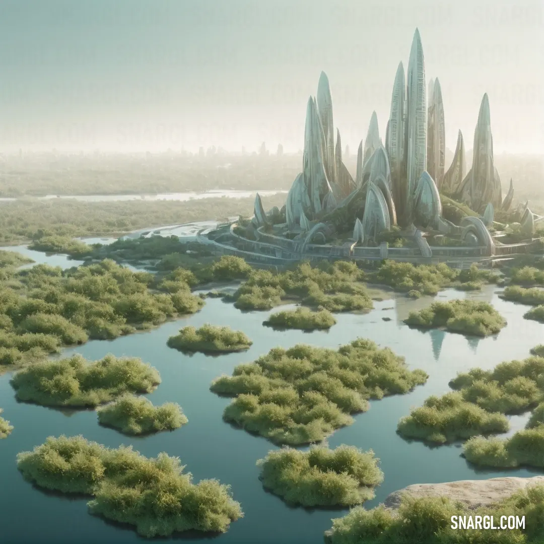 PANTONE 5645 color example: Futuristic city with a river and a lot of trees in the middle of it