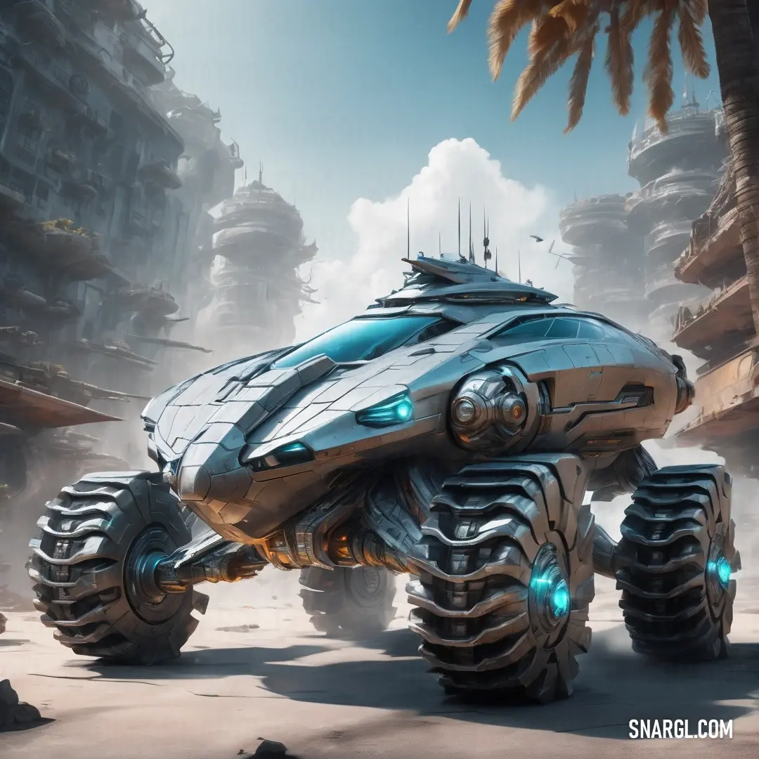 Futuristic vehicle with large wheels and large tires on a desert area with palm trees in the background. Color #ABBBAE.