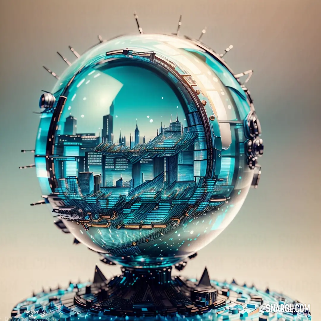 Futuristic city is depicted in a glass ball with spikes on it's head