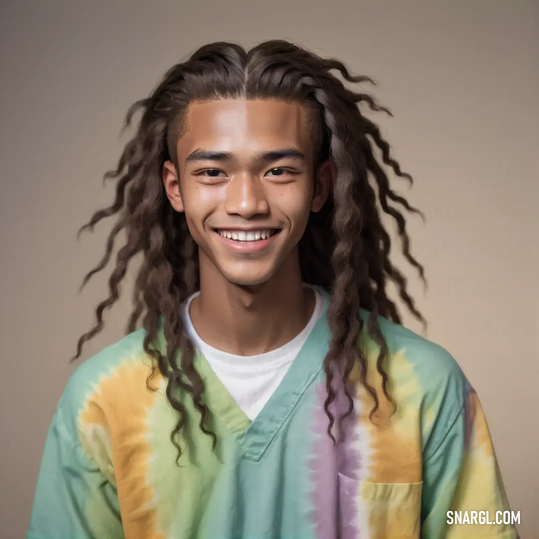 Man with long dreadlocks smiling for a picture in a tie - dyed shirt