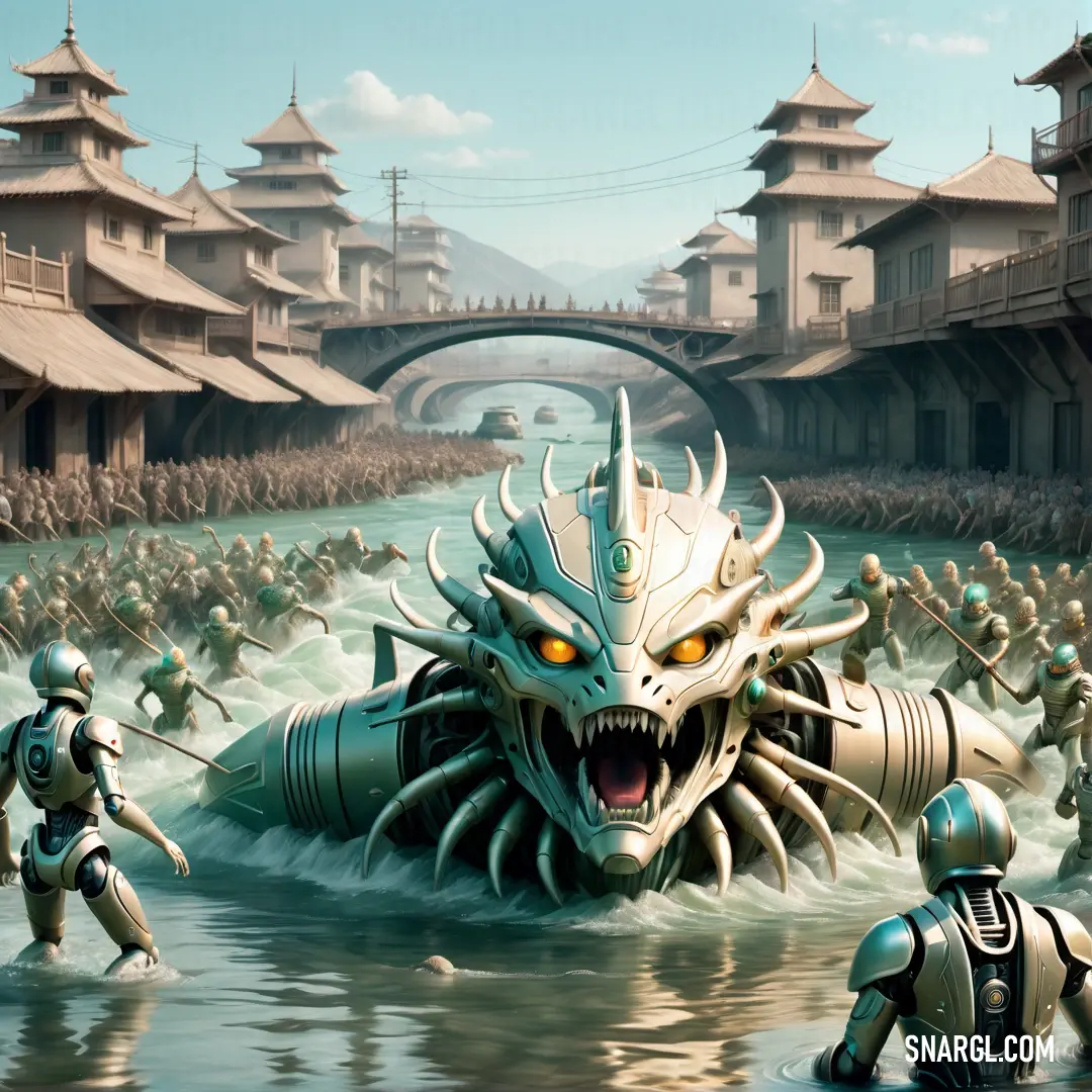 Group of people in a body of water with a dragon head in the middle of the water and a bridge in the background