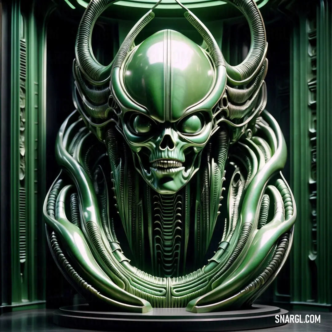 Green alien like sculpture with horns and a skull on it's head and a green background. Color #214C3D.