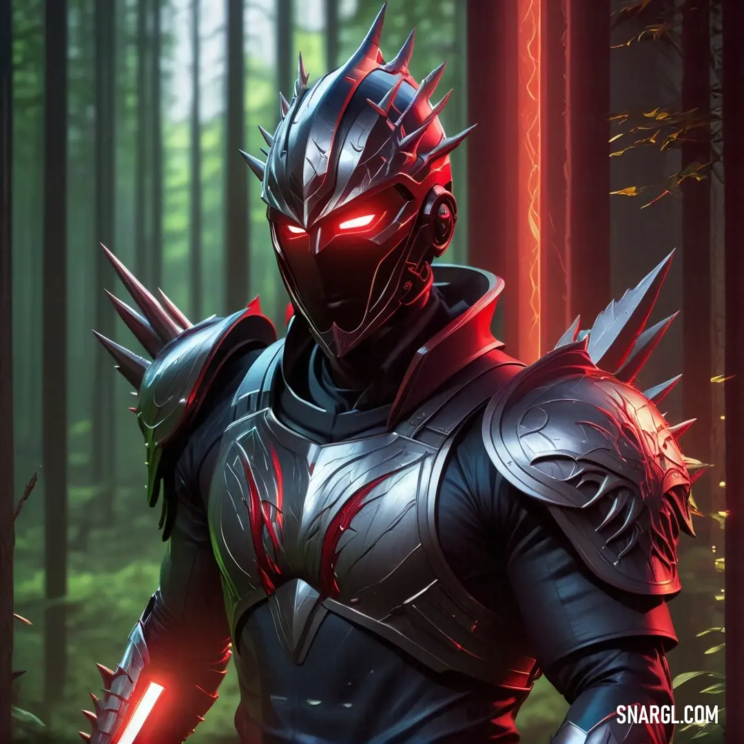 Man in a suit with spiked horns and a sword in a forest with trees in the background. Color #214C3D.