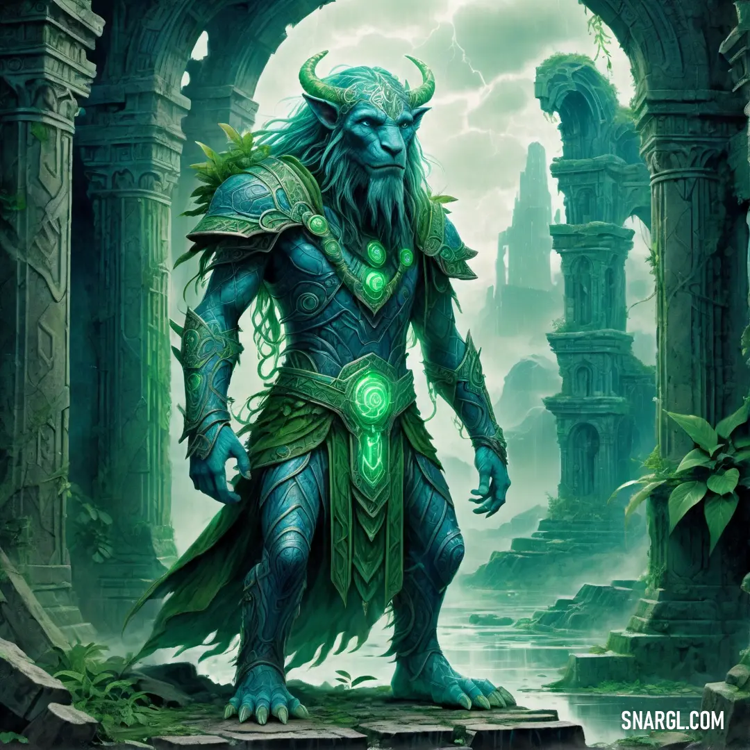 Fantasy creature with horns and a green light in his hand standing in a cave with a stone archway. Example of PANTONE 568 color.