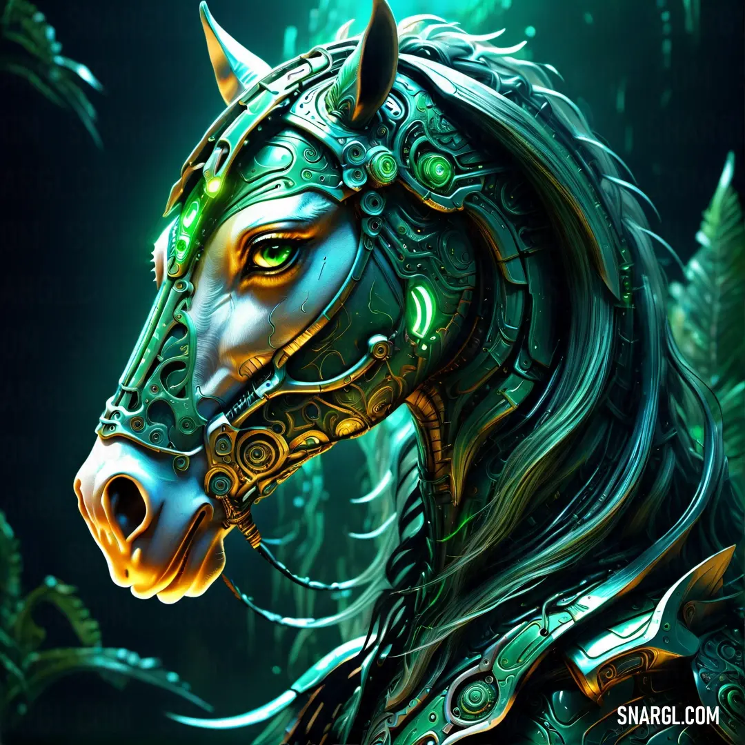 Horse with a helmet and a long mane is shown in a digital painting style. Example of #06715C color.